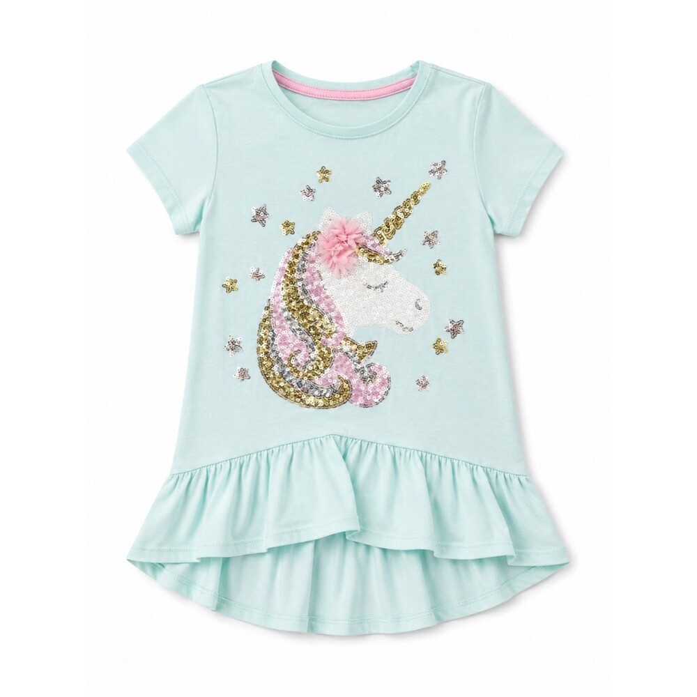 Cynthia Rowley Sequined Unicorn Tunic Top Mint Girls S 5/6 Ruffle Hem Tee Whimsi